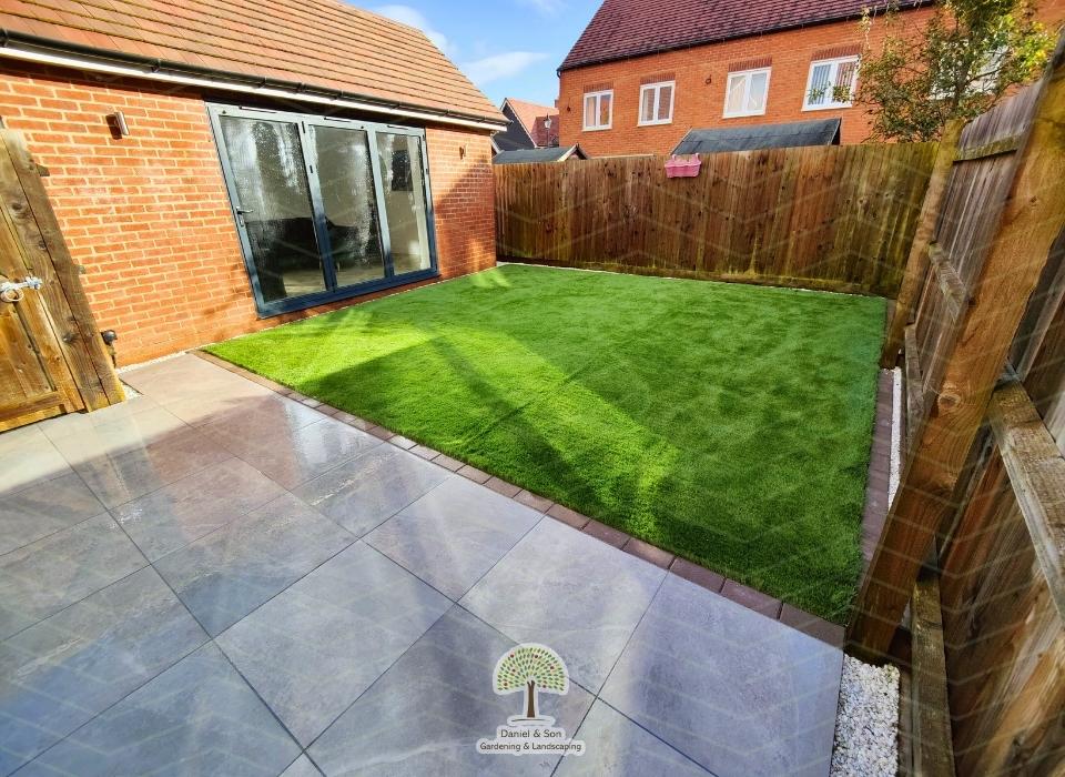 Garden Transformation: Sleek Porcelain Patio and Lush Artificial Grass